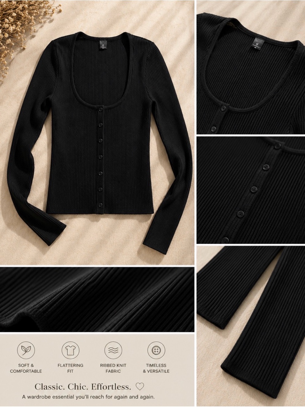 Forever 21 Black Ribbed Scoop-Neck Button Cardigan